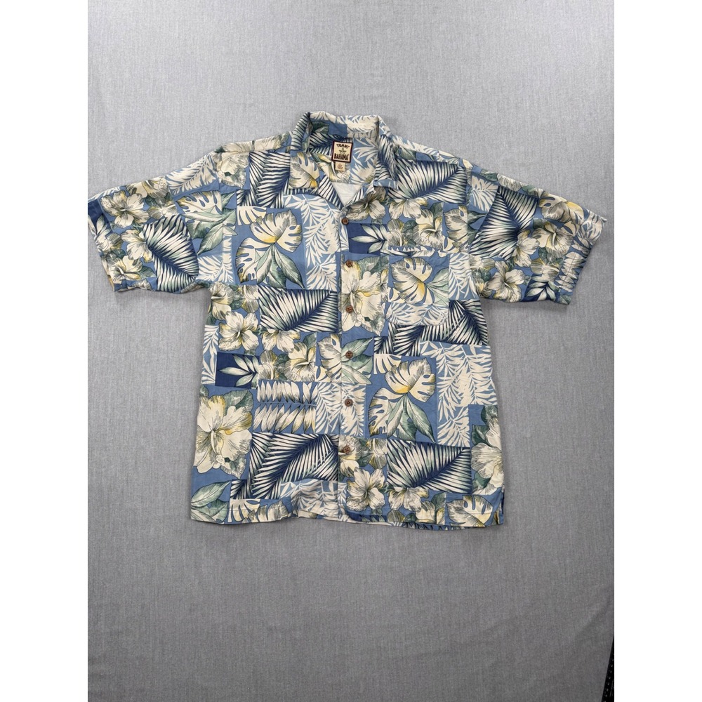 Tommy Bahama Mens Large 100% Silk Tropical Floral Palm Patchwork Camp Shirt Blue